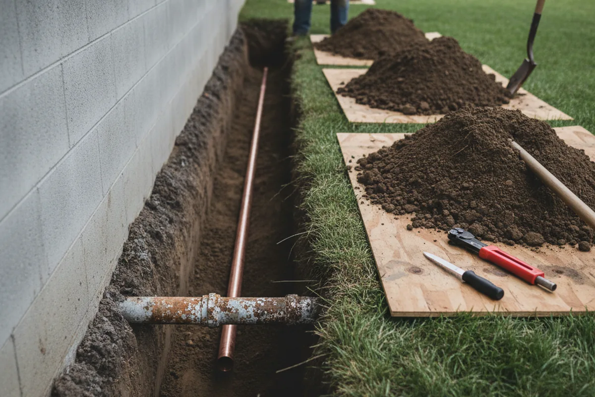 Excavated water line trench during Sewer Line Repair in Simpson